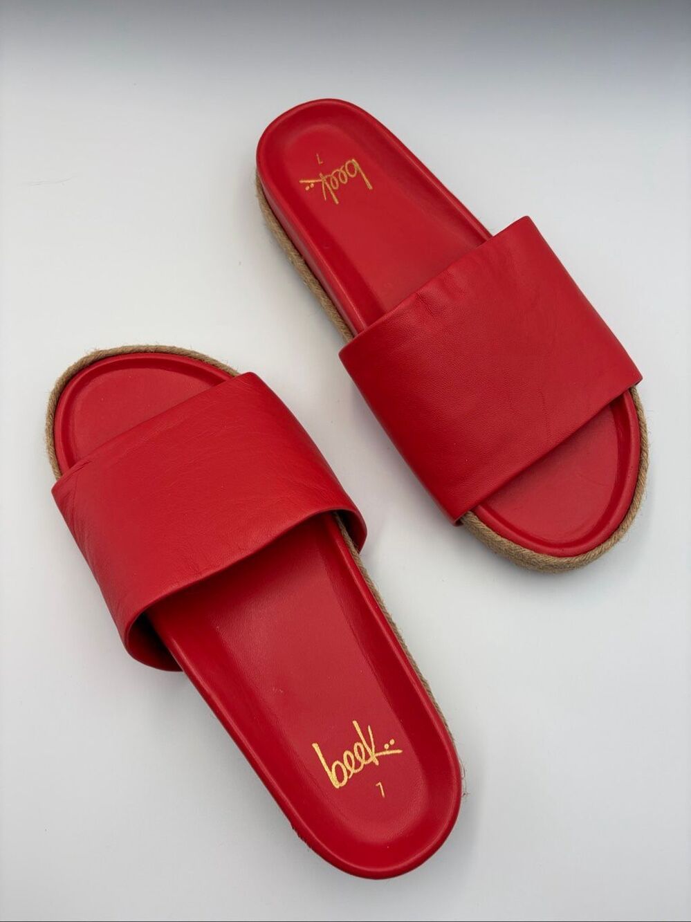 Beek Pelican Jute Leather Platform Slide Sandals Lipstick/Coral Red Size 7